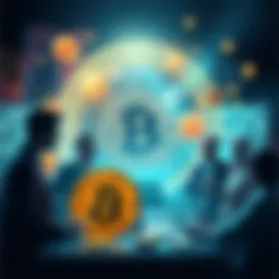 A group of people discussing cryptocurrency and Bitcoin, with visual elements representing digital currencies around them.