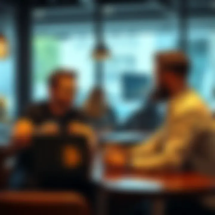 Two people discussing Bitcoin in a coffee shop, one showing a graph on a laptop