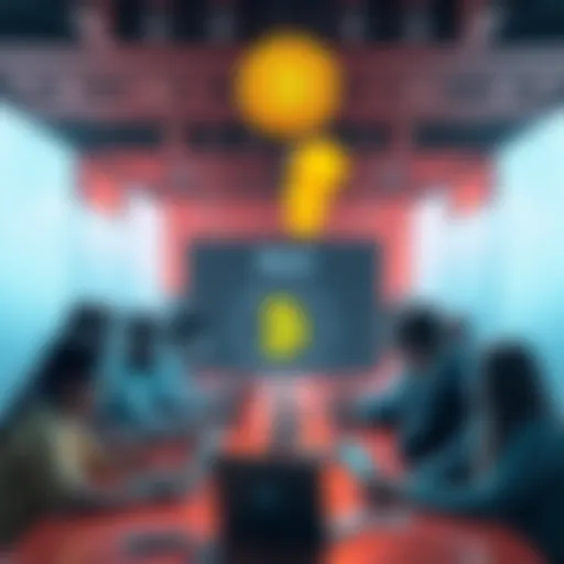 A group of people discussing Bitcoin with laptops and smartphones, sharing ideas and asking questions