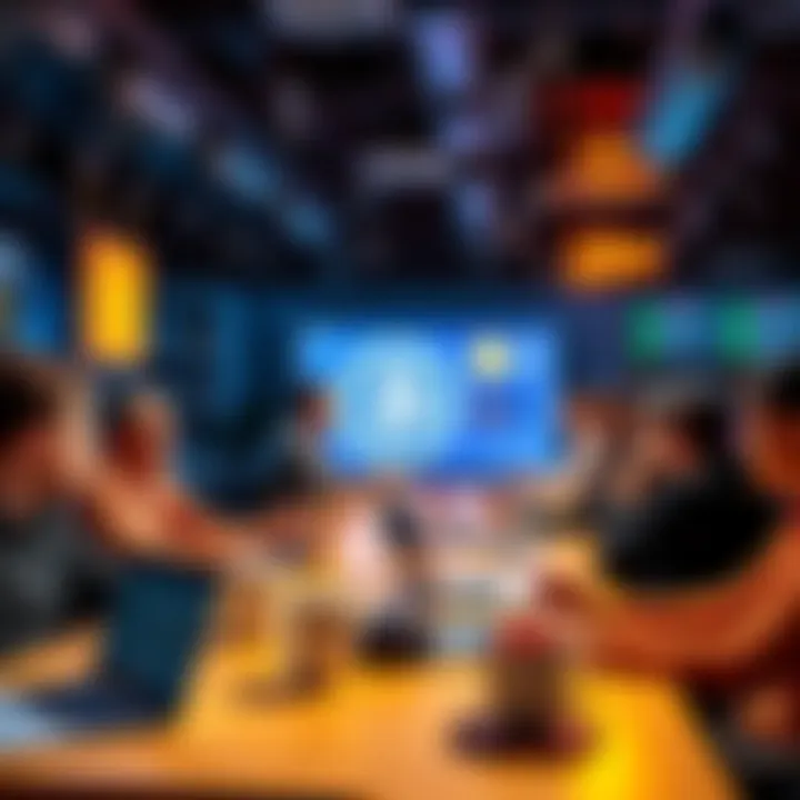 A group of people discussing Bitcoin in a lively forum setting with laptops and coffee cups on the table.