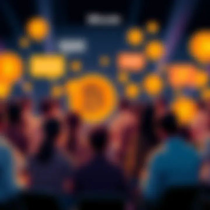 A group of diverse people discussing Bitcoin in a friendly forum setting, surrounded by text bubbles and Bitcoin symbols.