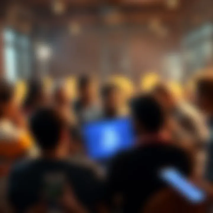 Bitcoin Discussion Group A group of diverse people engaged in a lively discussion about Bitcoin, with laptops and smartphones in hand, symbolizing the crypto community.