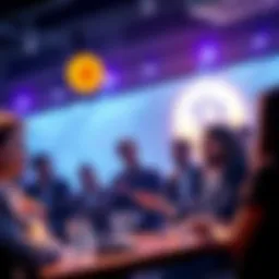 A group of people engaging in a lively discussion about Bitcoin in a forum setting, with digital currency symbols in the background.