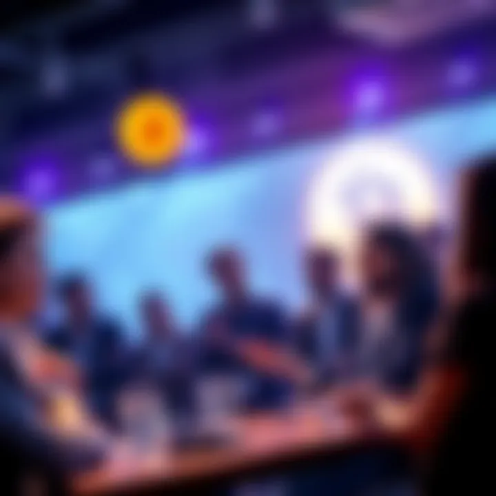 A group of people engaging in a lively discussion about Bitcoin in a forum setting, with digital currency symbols in the background.