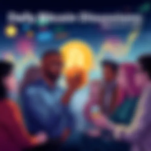Bitcoin Discussion Thread A digital illustration showing a group of diverse people engaging in a conversation about Bitcoin with charts and graphics in the background.