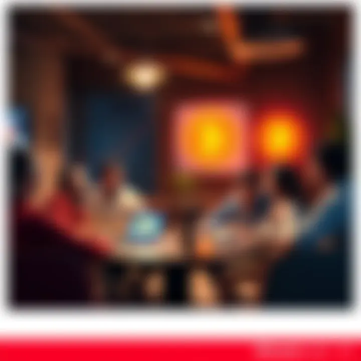 A group of people discussing Bitcoin with charts and laptops in a cozy setting