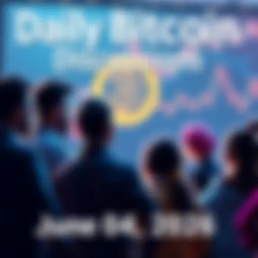 A group of people engaging in conversation about Bitcoin with charts and graphs in the background