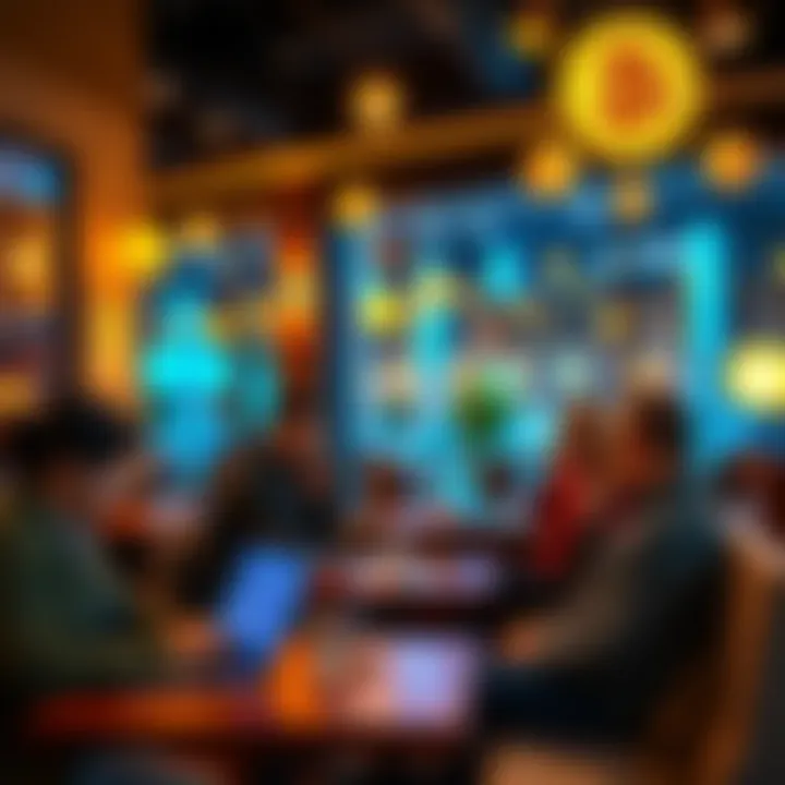 A group of people discussing Bitcoin at a coffee shop with laptops and phones