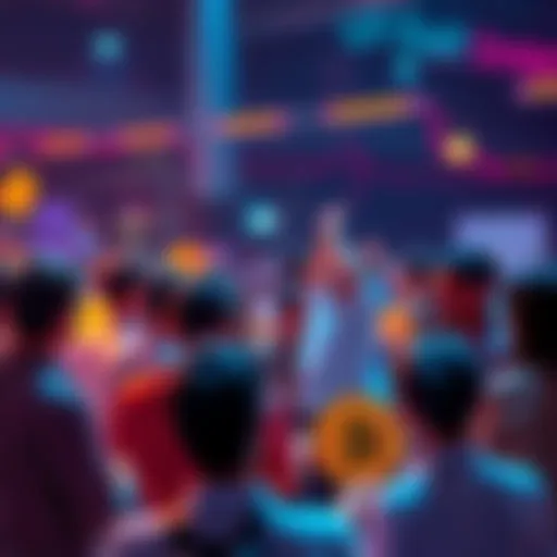 A vibrant community chat about Bitcoin with people sharing ideas and questions, featuring digital currency symbols.