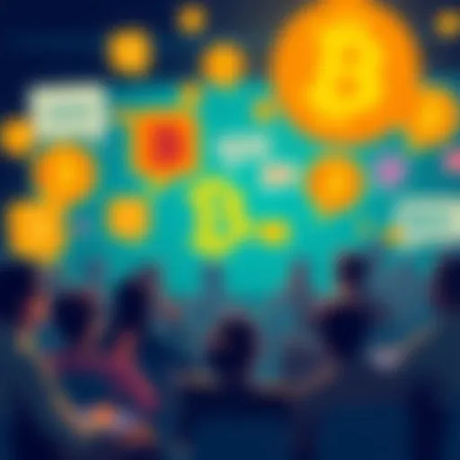 People engaging in a lively discussion about Bitcoin with chat bubbles and cryptocurrency icons