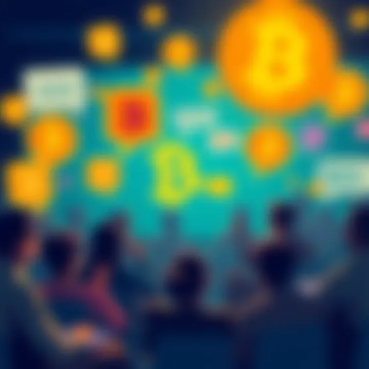 Bitcoin Discussion Thread People engaging in a lively discussion about Bitcoin with chat bubbles and cryptocurrency icons