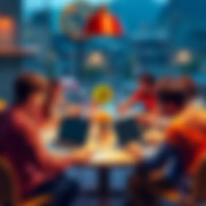 Group of people engaging in a conversation about Bitcoin at a round table with laptops and smartphones.