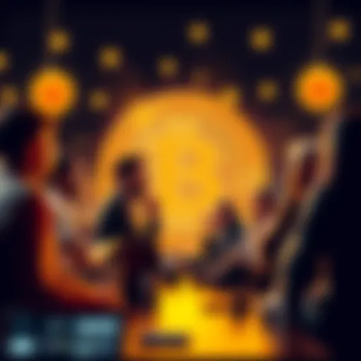 People discussing Bitcoin with a digital currency symbol in the background