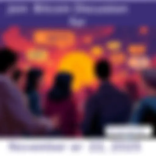 A group of people engaging in a lively discussion about Bitcoin, with chat bubbles showing questions and comments.