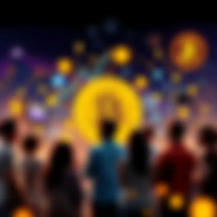 A group of people engaging in a lively conversation about Bitcoin, surrounded by digital graphics representing cryptocurrency
