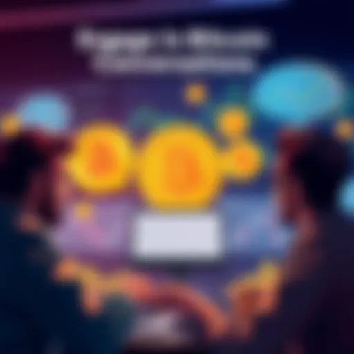 People engaging in a lively Bitcoin conversation online with speech bubbles and charts in the background.