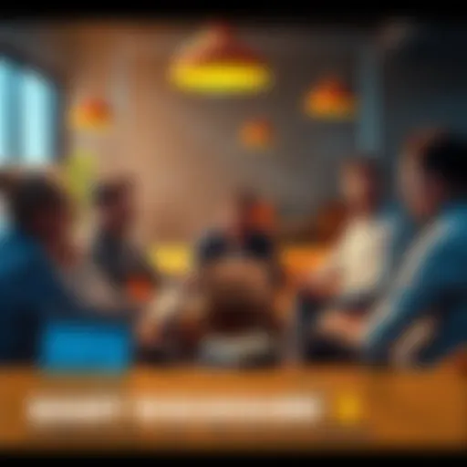 A group of people discussing Bitcoin in a casual setting with charts and laptops