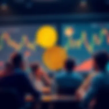 A group of people engaging in a lively discussion about Bitcoin, with charts and graphics in the background.