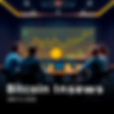 A group of people discussing Bitcoin with charts and laptops at a table