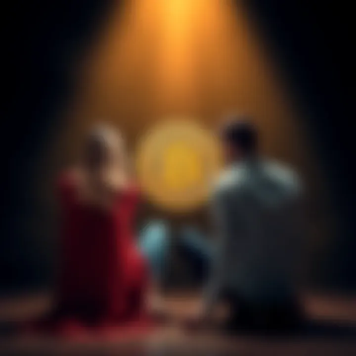 A couple sits apart with a Bitcoin symbol between them, representing asset division in divorce proceedings.