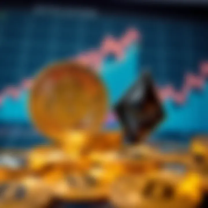 A visual comparison of Bitcoin and Ethereum coins alongside a rising performance chart, symbolizing investment choices.
