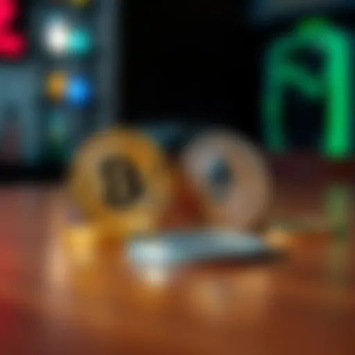 Close-up of a Bitcoin and an Ethereum coin on a wooden table, symbolizing investment choices in cryptocurrency.