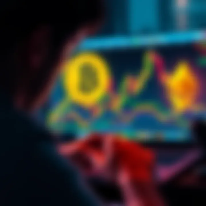 A person looking at cryptocurrency charts on a laptop, with Bitcoin and Ethereum symbols visible