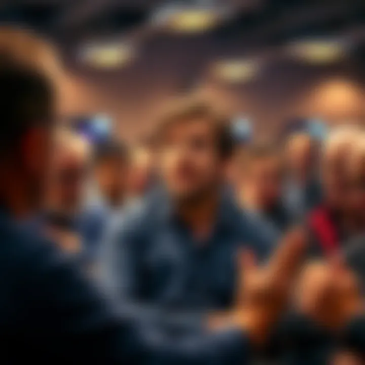 A person passionately discussing Bitcoin at a gathering, surrounded by skeptics who appear doubtful and engaged in debate.