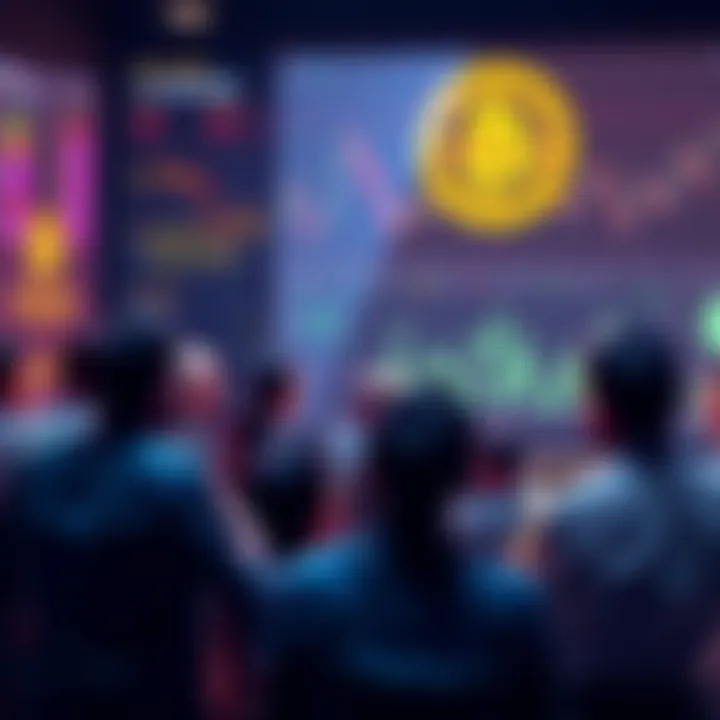 A group of people discussing Bitcoin governance with charts and graphs in the background, highlighting the conflict over transaction validation and rule changes.