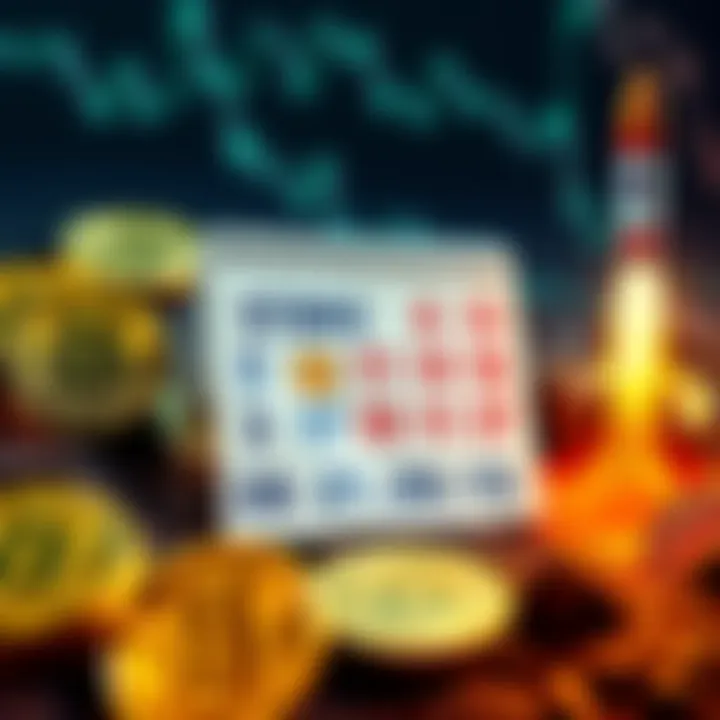 A graphic showing Bitcoin coins, a calendar with marked dates for Bitcoin halving and US presidential elections, and a rocket symbolizing the potential Mars landing.