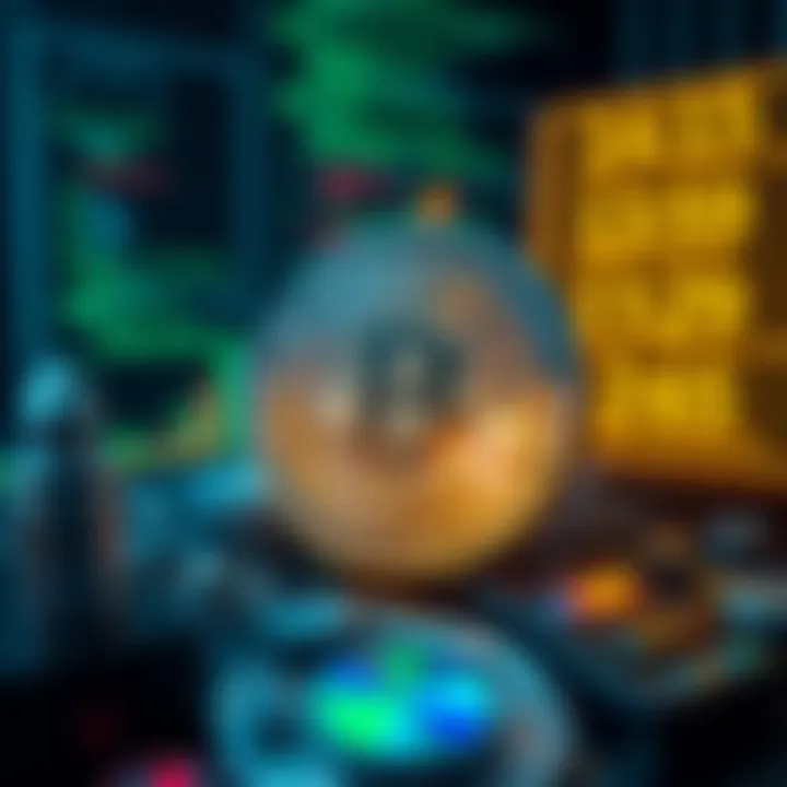 A visual representation of Bitcoin with simple elements showing the contrast between its easy appearance and deeper complexities, including graphs and code snippets in the background.