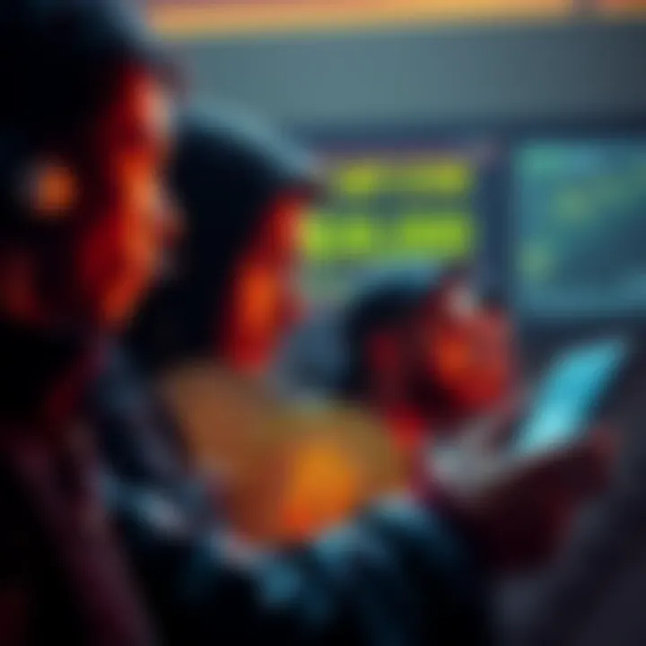 Group of Bitcoin holders looking at their wallets, showing determination and a price of $30,000 on a screen