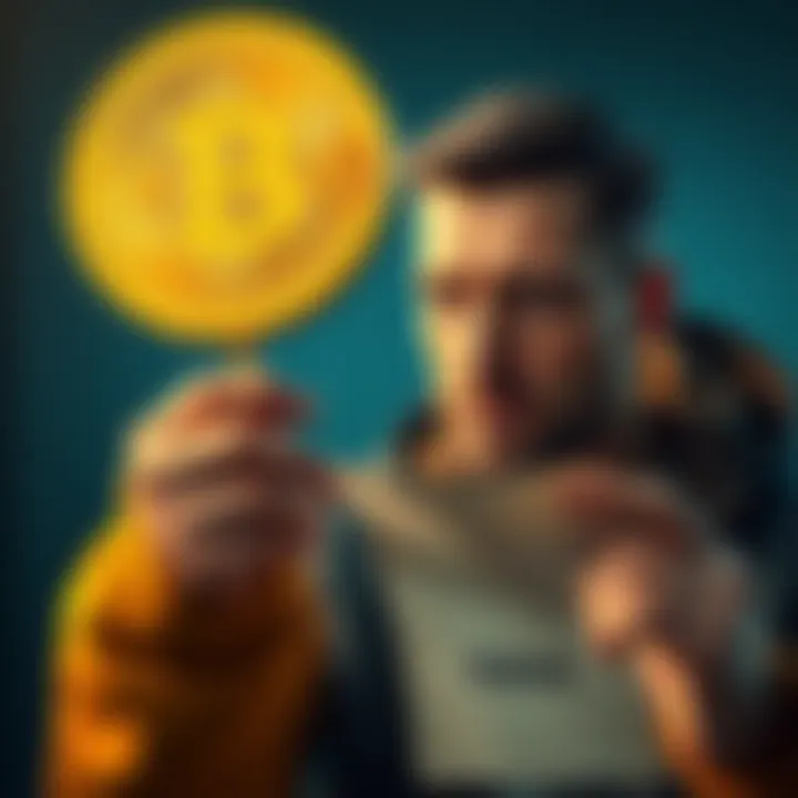 A person holding a large golden Bitcoin in one hand, looking skeptical while examining a piece of paper labeled 'Value'.