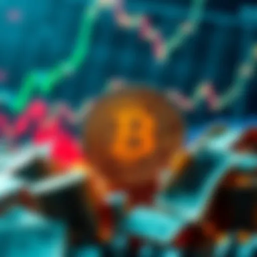 A visual representation of Bitcoin growing in the economy, with charts and money symbols around it.