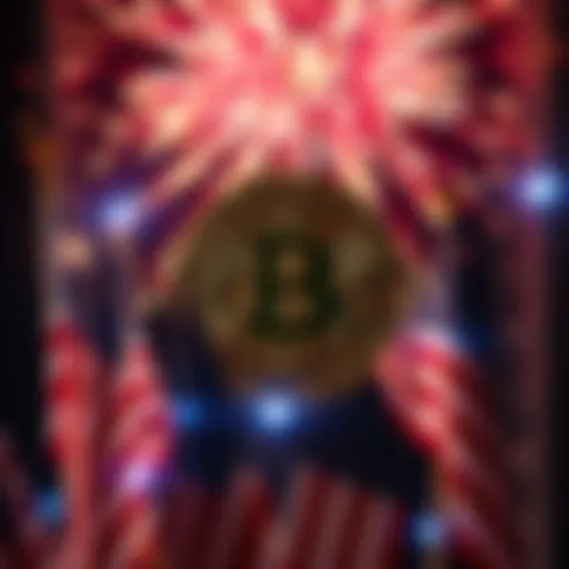A Bitcoin symbol surrounded by American flags and fireworks, representing financial freedom on July 4th.