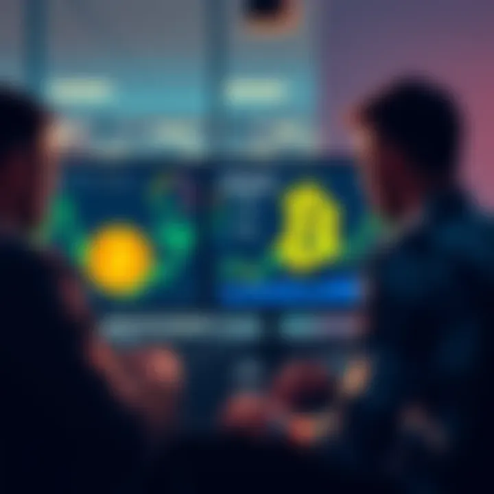 People discussing Bitcoin investment at $50,000 near a computer with charts and graphs displayed