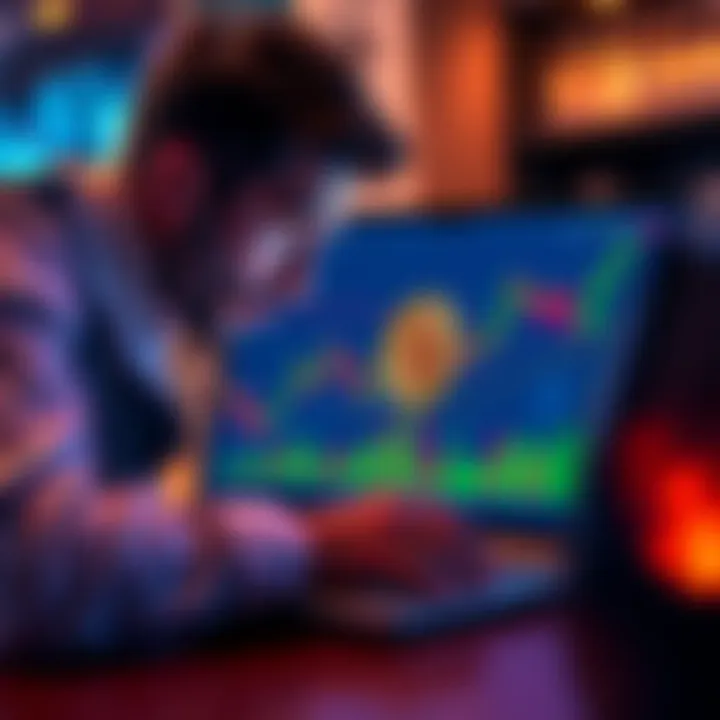 A person analyzing a Bitcoin investment chart on a laptop with worried expression.