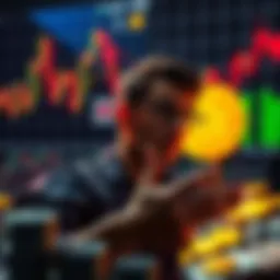 Person considering investment options for Bitcoin with cash and charts in the background