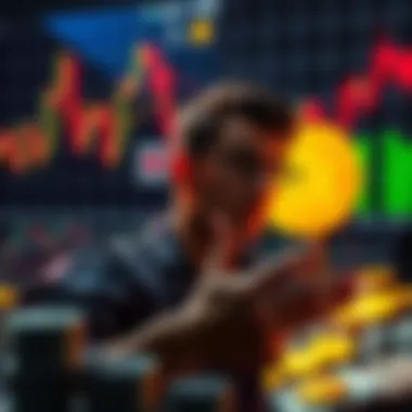 Person considering investment options for Bitcoin with cash and charts in the background