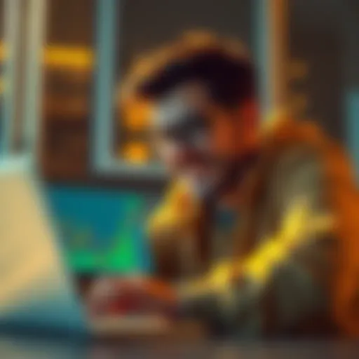 A 39-year-old individual smiling while looking at a Bitcoin chart on a laptop, symbolizing the start of their investment journey.