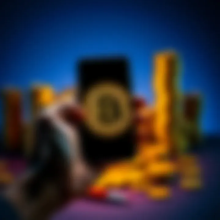 A person holding a smartphone displaying a Bitcoin logo with stacks of coins in the background