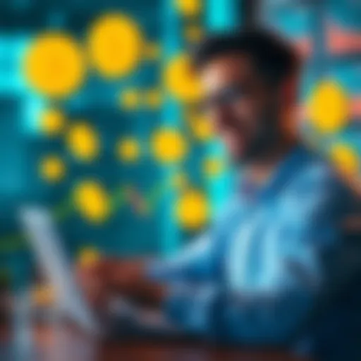 A smiling investor with a laptop showing rising Bitcoin charts and dollar signs, pondering whether to sell or hold their investment