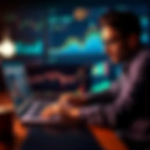 A person analyzing Bitcoin market trends on a laptop with charts and graphs in the background