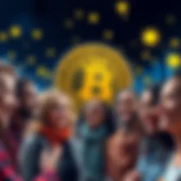 Bitcoin Journey Group of diverse individuals smiling while discussing Bitcoin, with cryptocurrency symbols in the background.