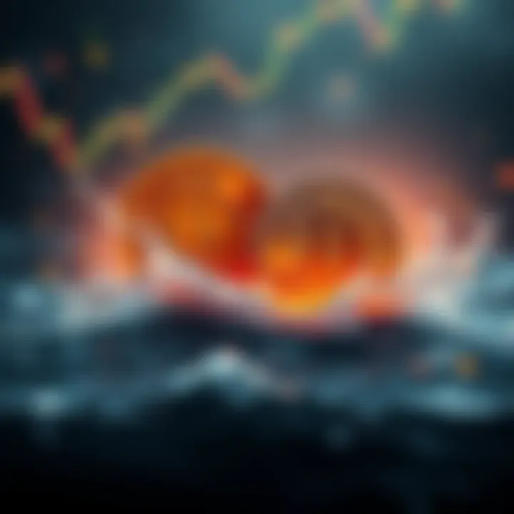A graphic showing Bitcoin crashing while Kaspa struggles to stay afloat, symbolizing market tensions between the two cryptocurrencies.