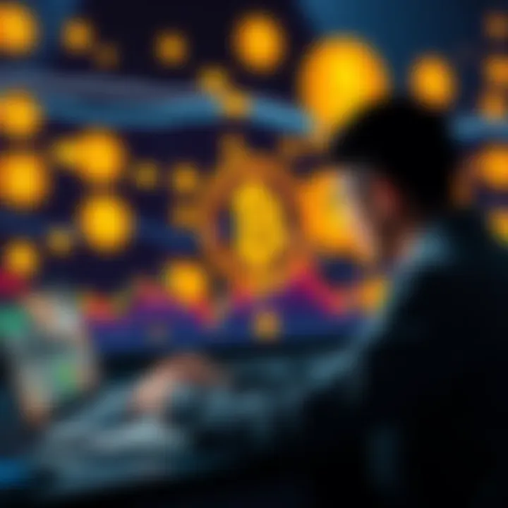 A person looking at cryptocurrency charts on a laptop with Bitcoin icons in the background
