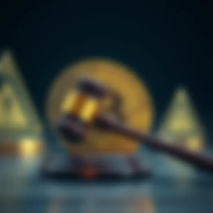 Bitcoin under legal threat A representation of Bitcoin with a legal gavel and warning signs, symbolizing potential illegality