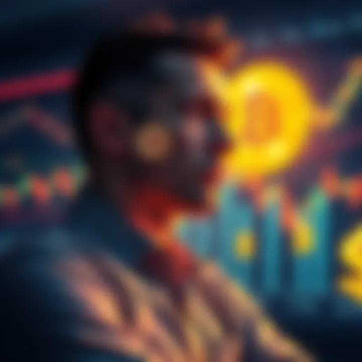 A person considering a loan for Bitcoin investment, with graphs showing market trends and dollar signs in the background.
