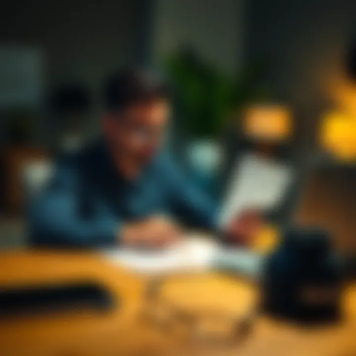 A person sitting at a table looking at Bitcoin prices on a laptop while holding loan documents, pondering the idea of borrowing money to invest in Bitcoin.