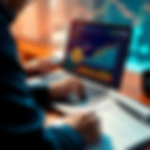 A person analyzing Bitcoin trends on a laptop with charts showing fluctuations, reflecting bear market concerns, while FED statements are noted on a notepad.